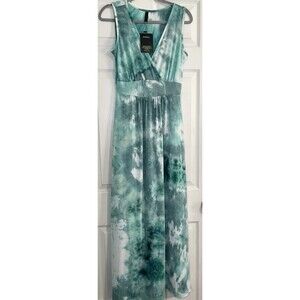 WOOSEA Size S Women’s Sleeveless Deep V-Neck Maxi Dress Blue Green Tie Dye Boho